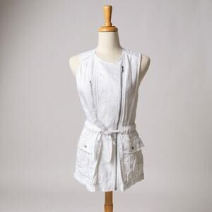 Athleta Top Sz S 100% Linen White Wanderbout Vest Zip Up Tie Waist Pockets
